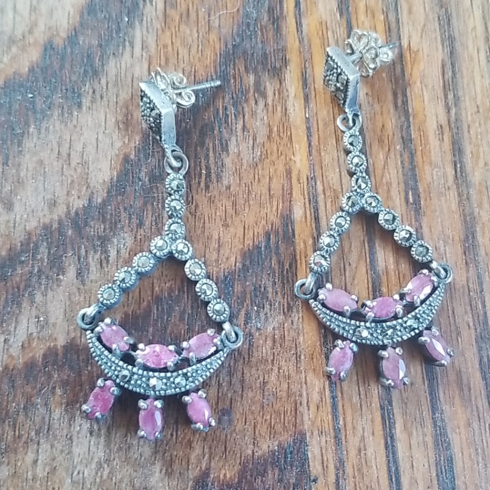 Ruby Marcasite 925 Sterling Chandelier Earrings